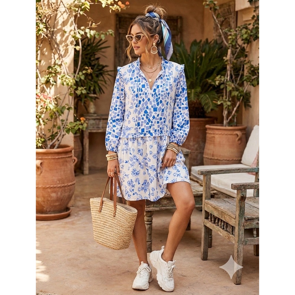 NWT Tolani Mae Geo Floral Ruffle Dress M Boho Coastal‎ Grandmother Pockets